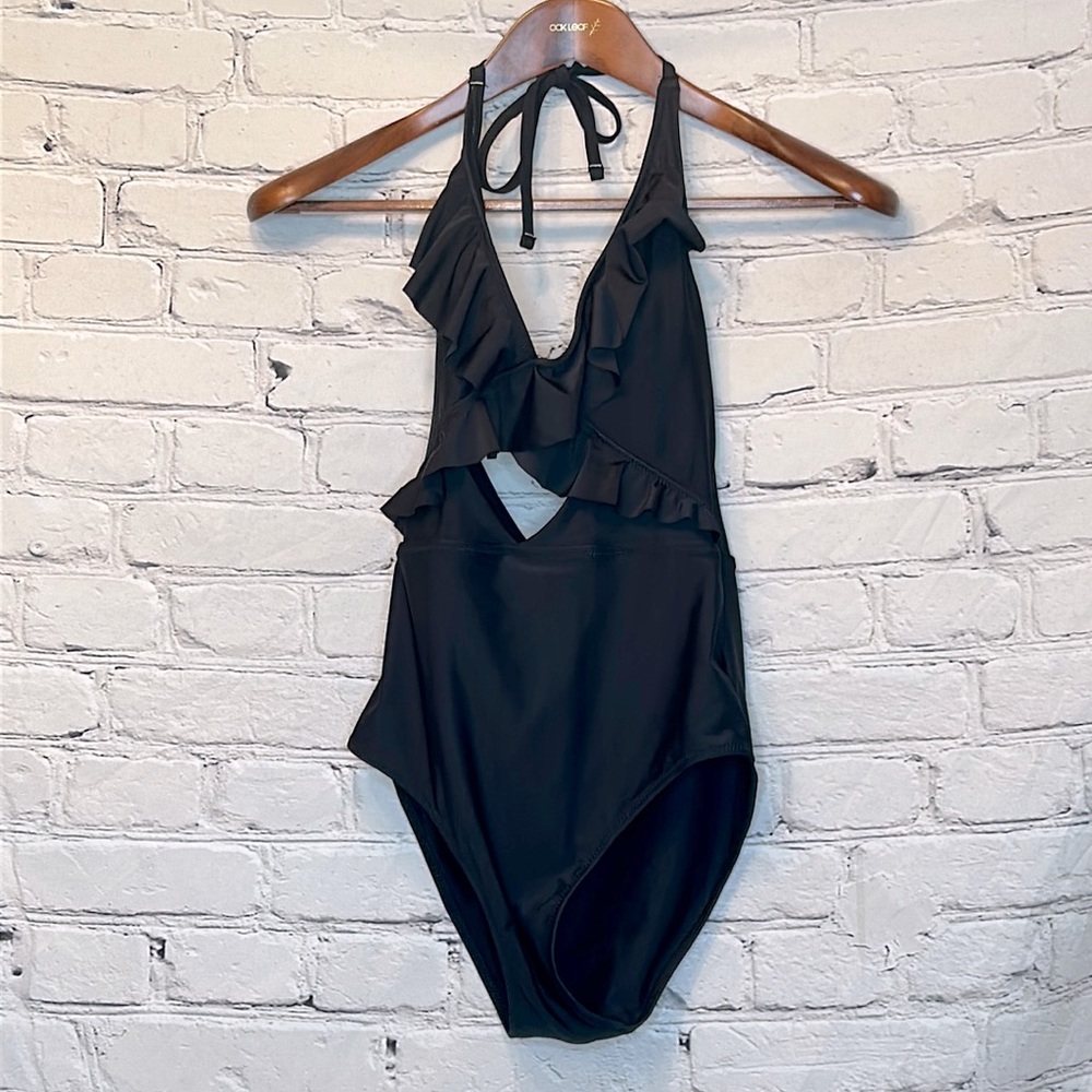 Aerie Black Ruffled Keyhole Front Halter Tie One-Piece Swimsuit Size Small